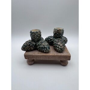 Vintage OCI 1993 Ceramic Pinecone Candle Holders Set of 2 Green Brown Rustic